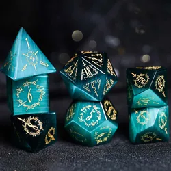 Blue Cat's Eye Polyhedral D&D Dice Set Handmade Engrave Stone Magic Elvish Pattern Dice For D&D RPG COC Table Games Custom Gift