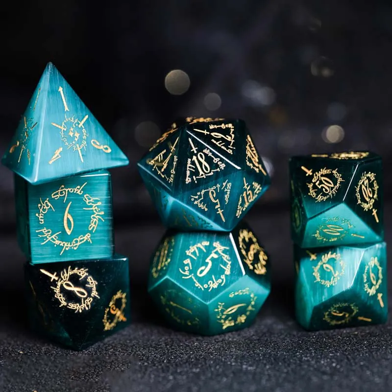 Blue Cat's Eye Polyhedral D&D Dice Set Handmade Engrave Stone Magic Elvish Pattern Dice For D&D RPG COC Table Games Custom Gift