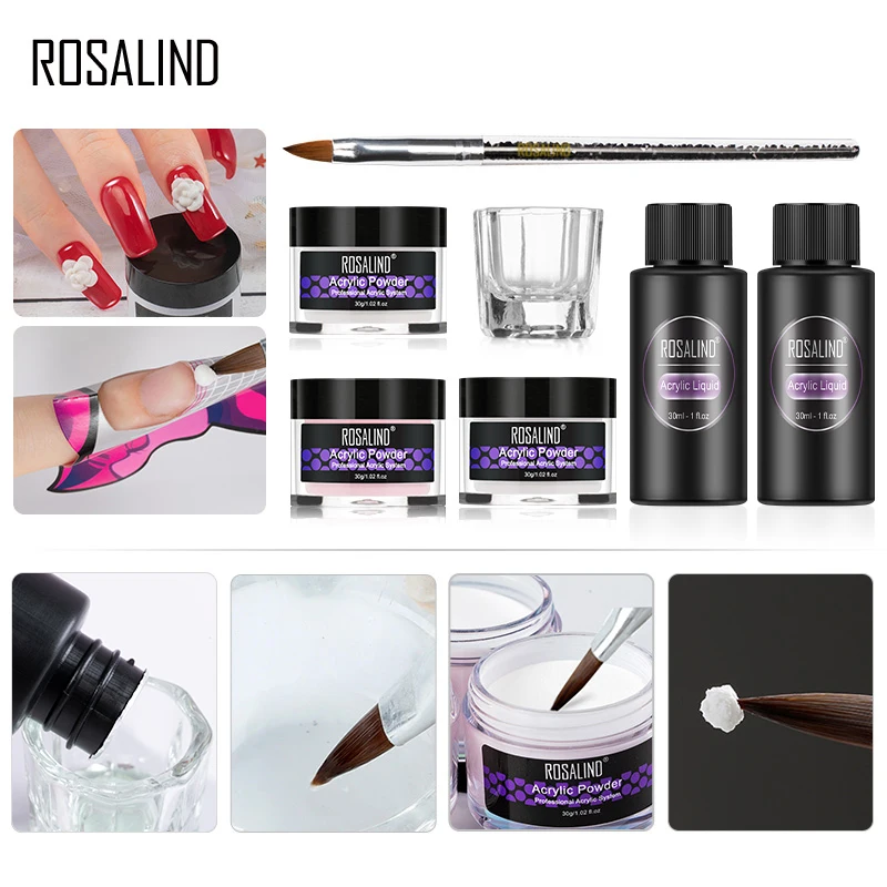 ROSALIND เล็บอะคริลิกชุดคริสตัลผงสำหรับเล็บ3D เล็บ Builder ชุดเล็บ UV LED อะคริลิค Alat Bedak ชุด