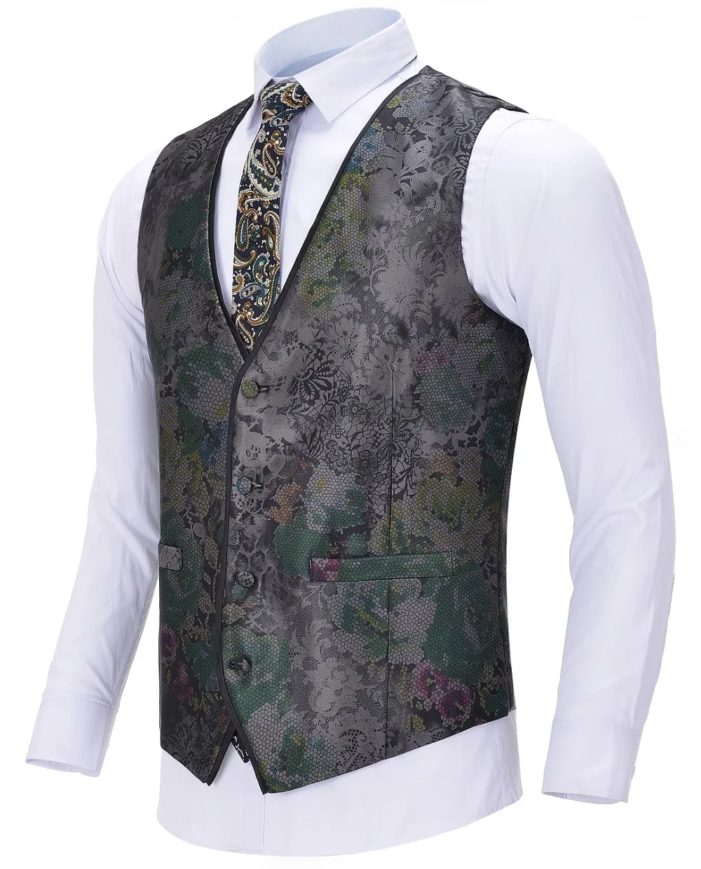 

Formal Mens Printed Vest V Neck Grey Retro Noble Casual Pattern Waistcoat Business Vest Groomman For Prom Wedding Evening Vest