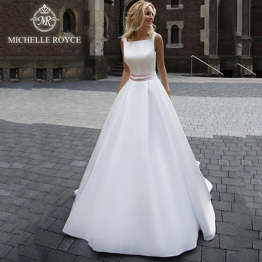 

Michelle Royce A-Line Wedding Dress For Bride Square Collar Backless Spaghetti Straps Court Train Wedding Gown Vestido De Novia