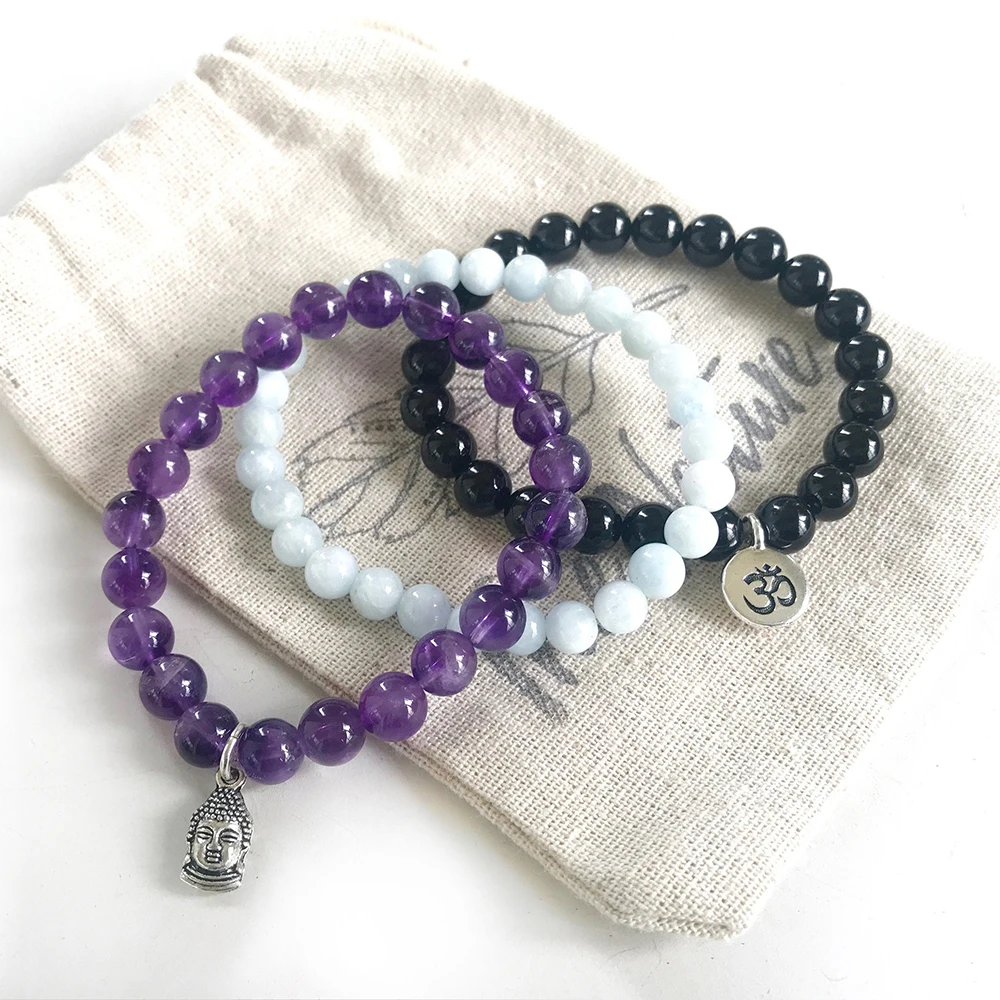 MG0854 New Deisgn Natural Aquamarine Braceelt Black Tourmaline Om Bracelet Trendy Amethyst Buddha Charm Bracelet