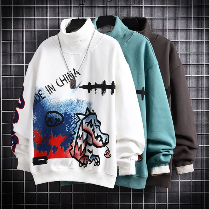 

Hip Hop Sweatshirts Men Autumn Winter Warm Turtleneck Pullovers Streetwear Male Plus Fleece Graffiti Print Sweatshirt 2022