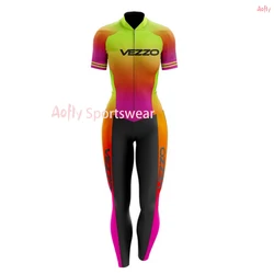 Vezzo Women's Cycling Jumpsuit Short Sleeve Long Pants Female Bike Clothes Little Monkey For Cyclist Summer Triathlon Equipment