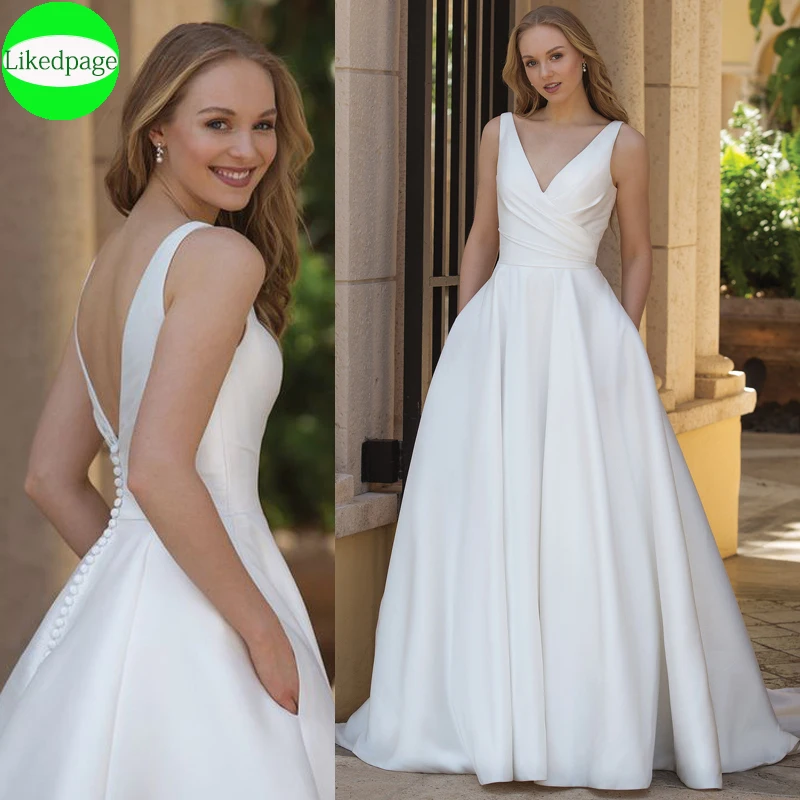 

Wedding Dress 2021Vestido De Noiva Simples V Neck White Satin Bridal Gowns Trouwjurk A Line Boda Pleat Robe Mariage With Pockets