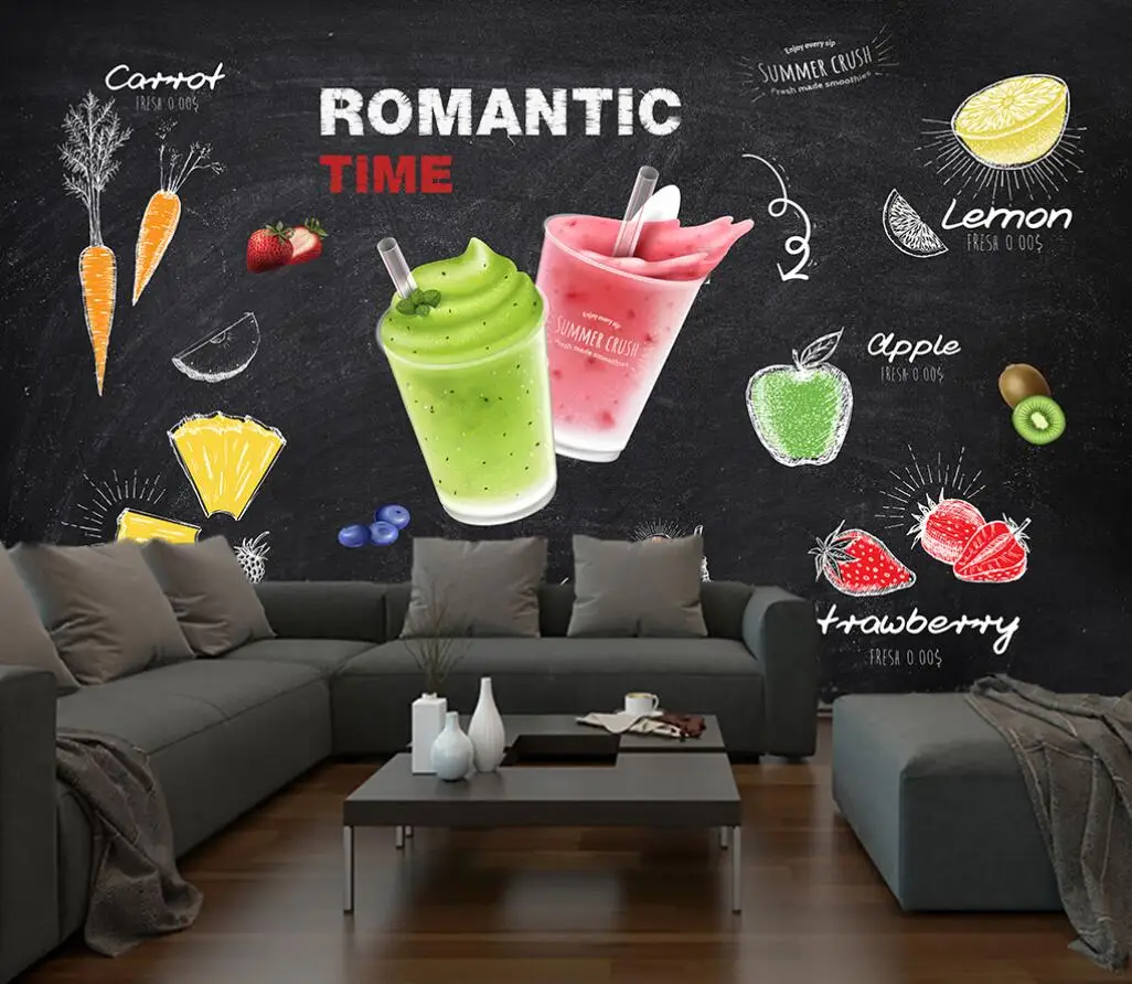 Custom wallpaper painted cartoon ice cream blackboard mural beverage juice cold drink shop mural background wall 3d wallpaper