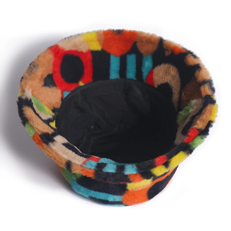 FOXMOTHER New Outdoor Multicolor Rainbow Faux Fur Letter Pattern Bucket Hats Women Winter Soft Warm Gorros Mujer