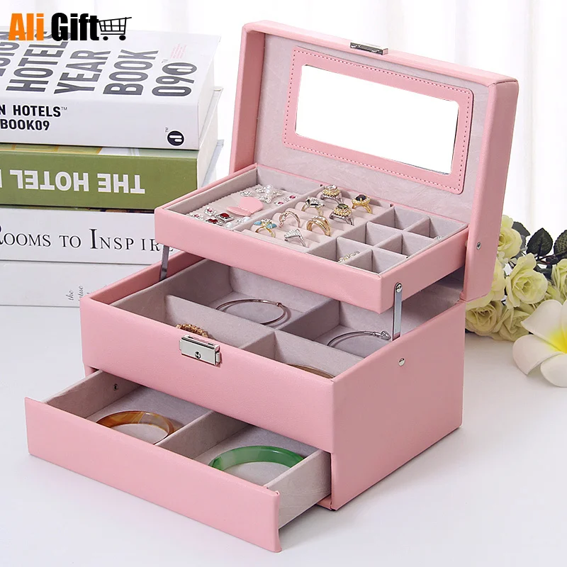 Princess European Korea Wedding Gift with Lock Jewelry Box Simple Wooden Antique Earrings Storage Box Portable Dressing Case