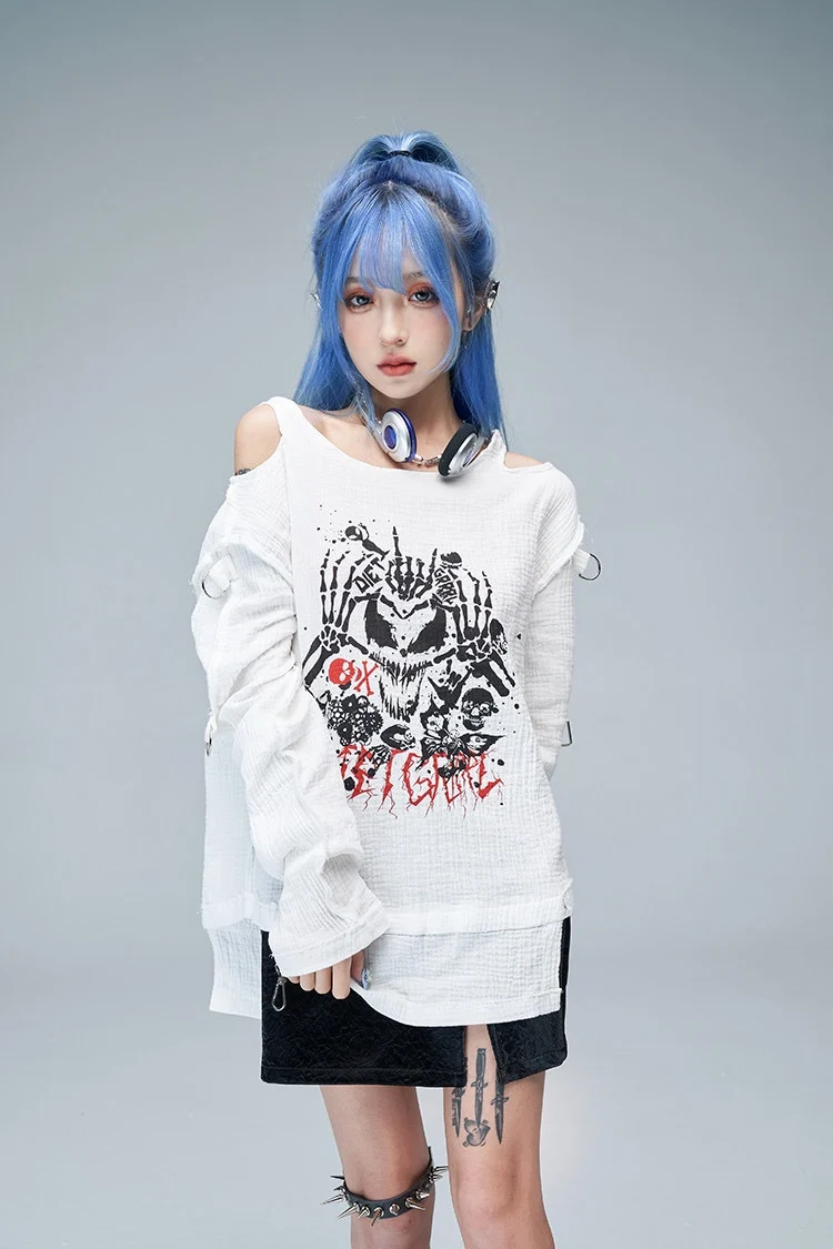 

original design harajuku red black printed comics white long sleeve tshirt gothic punk hollow out chic tee tops T-shirt women