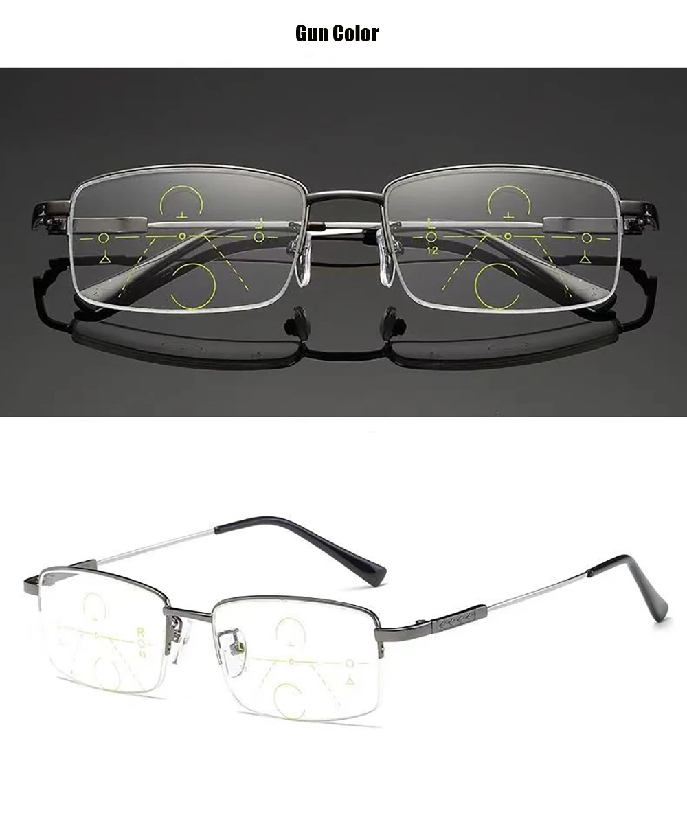 Progressive Herren-Brillengestell, multifokale Lesebrille, Anti-Blaulicht-Brille, Nah-Fernsicht-Glasse Previousadras de Metal + 4 – Detail 7