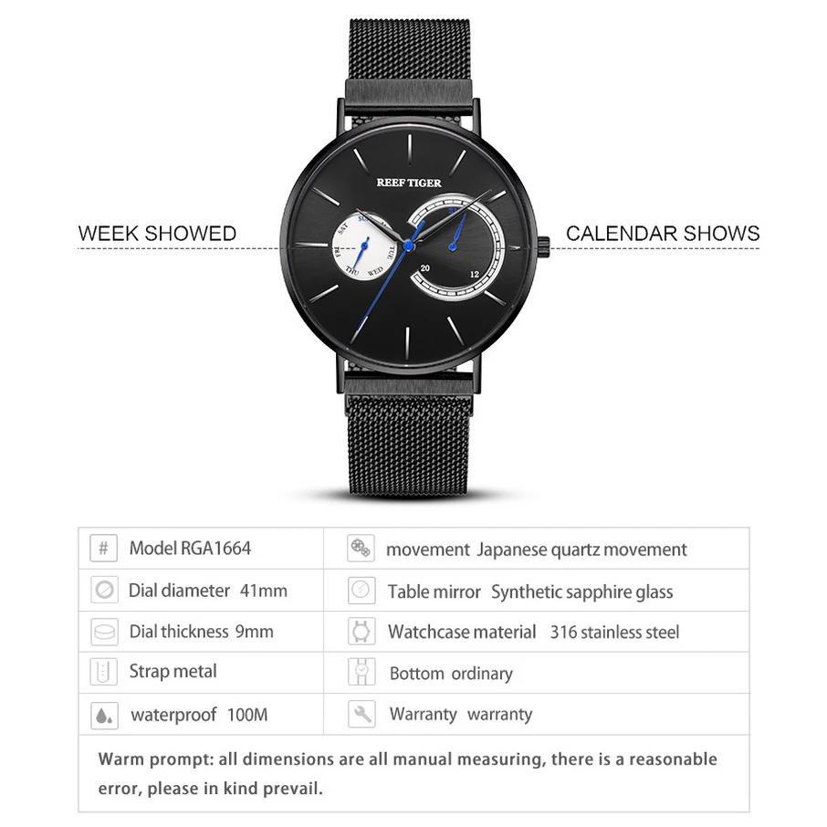 Reef Tiger Orologio al quarzo da uomo 40 mm Orologio da polso ultrasottile impermeabile con datario della settimana