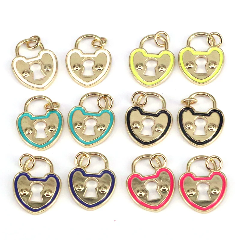 

10Pcs New Colorful Enamel Heart Lock Key Shape Pendant, Enamel Pendant Jewelry Findings