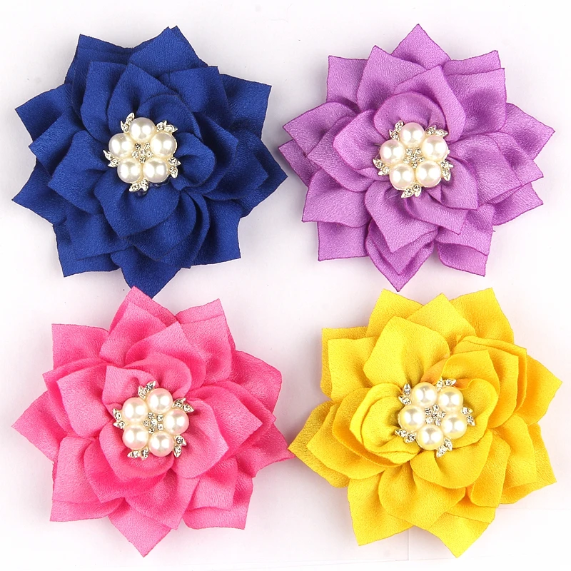 

5PCS 7.5CM 2.95" Beauty Lotus Fabric Flowers With Pear Rhinestone Center Hair Accessories Hair Flower For Clips Wedding Bouquet