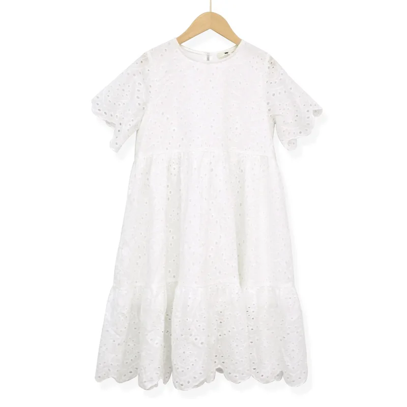 2024 Summer hollow Dresses White kid baby party mesh princess Girls Mid Long lace Patchwork Teenager dress 6 8 to 10 12 14 Years