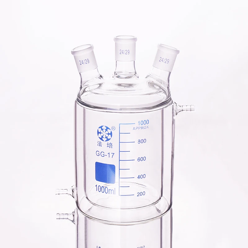 Double-deck cylindrical three-necked  bottom flask,With tick ​​mark 1000ml,Joint 24/29,Mezzanine jacketed reactor bottle