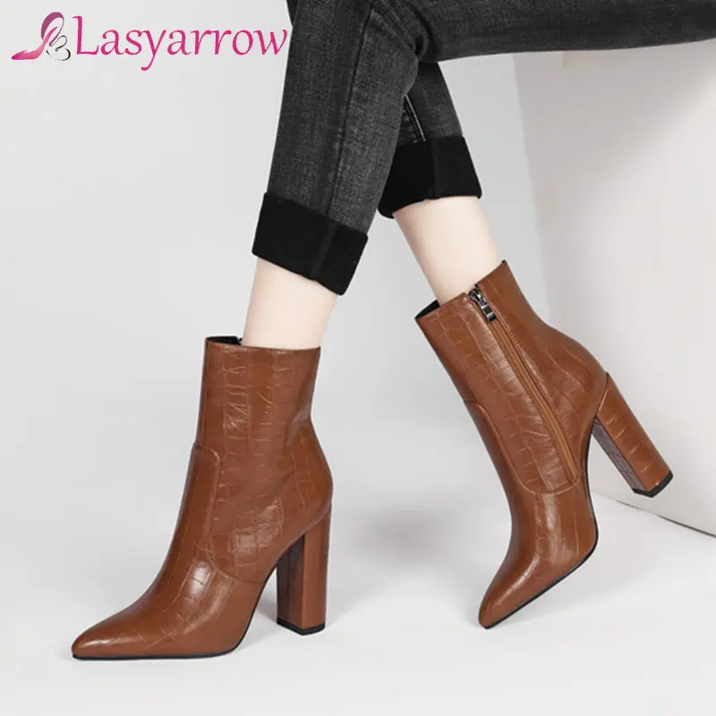 Lasyarrow 2021 Winter New High Heels Ankle Women Boots Black PU Leather Pointed Toe Zipper Female Boot Platform Women Shoes