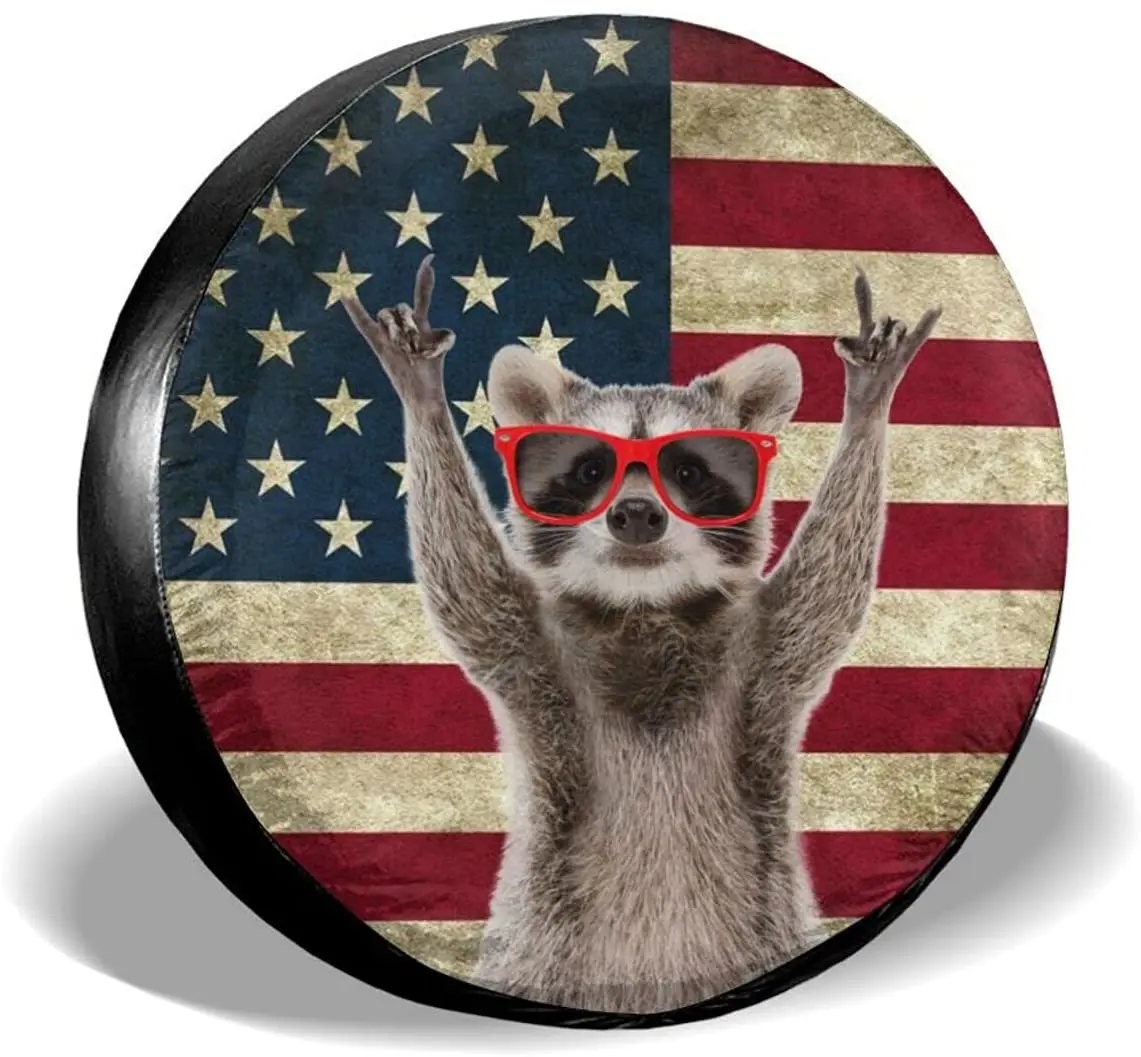 

Funny Raccoon American Flag Tire Cover Universal Spare Wheel Tire Cover Wheel Covers for Trailer RV SUV Truck Camper