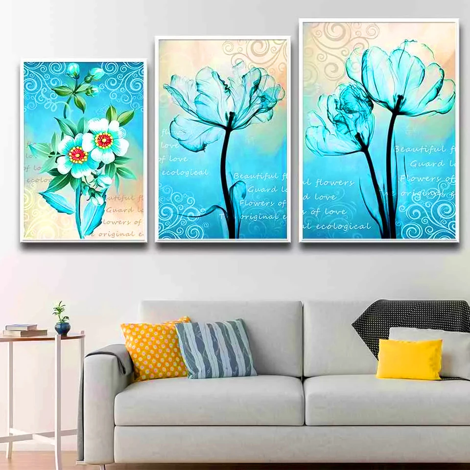 5d diy diamond mosaic Blue Flower Triptych diamond painting cross stitch kits 3d embroidery full rhinestone home decoration k732