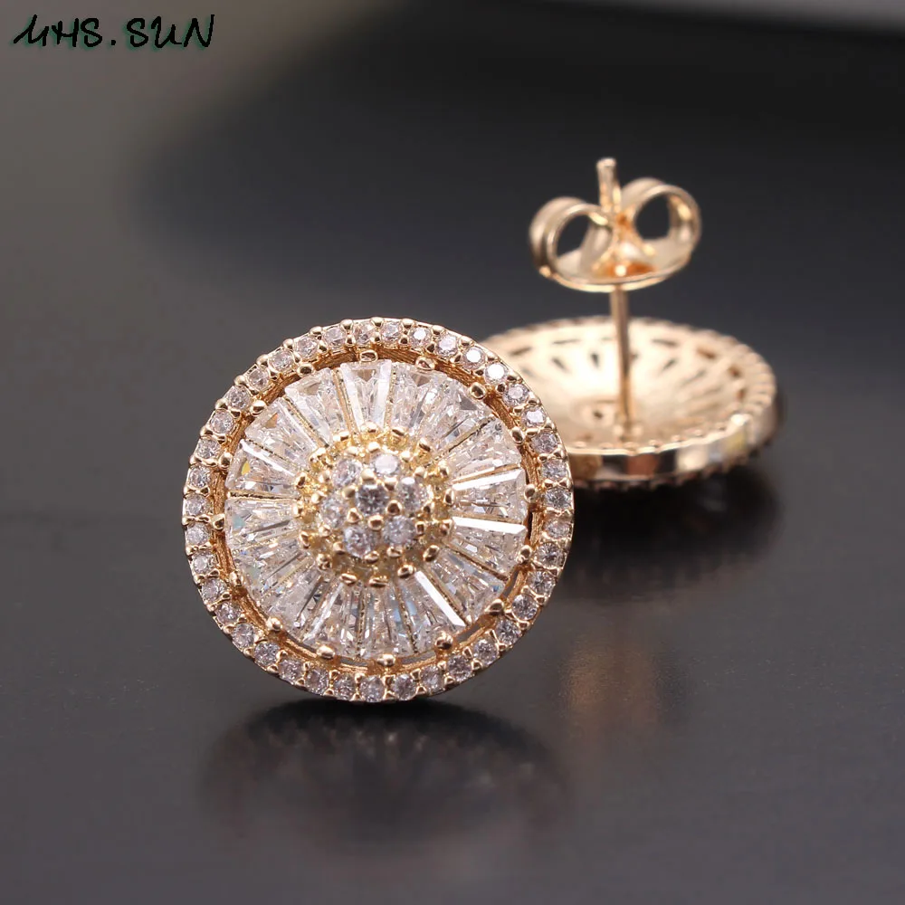 MHS.SUN Luxury Cubic Zircon Stud Earrings Women CZ Jewelry Gold Color Round Crystal Earrings For Girl Christmas Gift