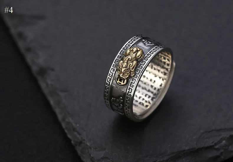 Bague Sutra Bouddhiste Tibétaine à Six GROBuddhistes, Argent 100% 925, Puissance Dragon, Richesse Pixiu, Porte-Bonheur Homme, Brodée