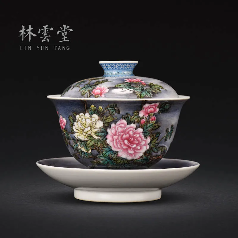 

Lin Yuntang night next month under pastel peony tureen bowl large tureen jingdezhen high-grade tea cups