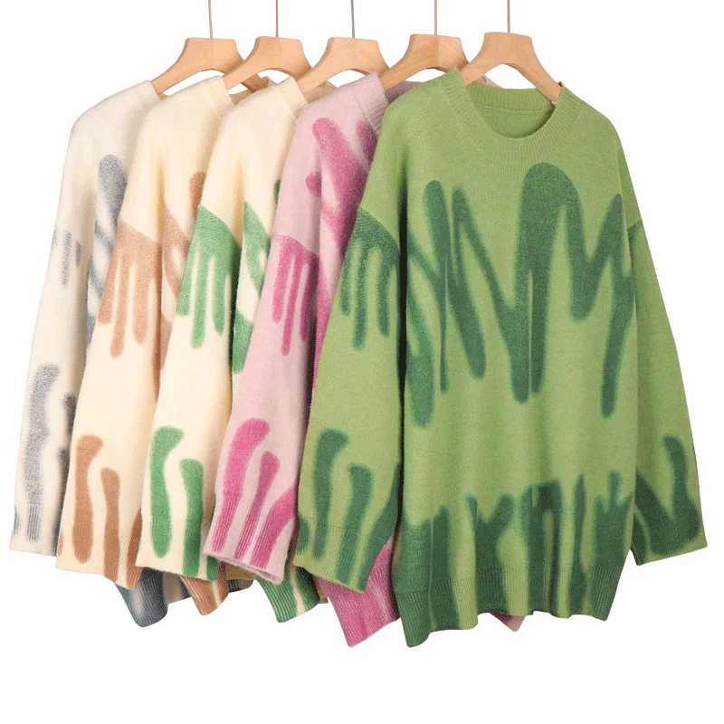 Maglione oversize Pullover verde donna maglione lavorato a maglia top allentati inverno o-collo Harajuku Sueter Mujer pull Tie Dye capispalla