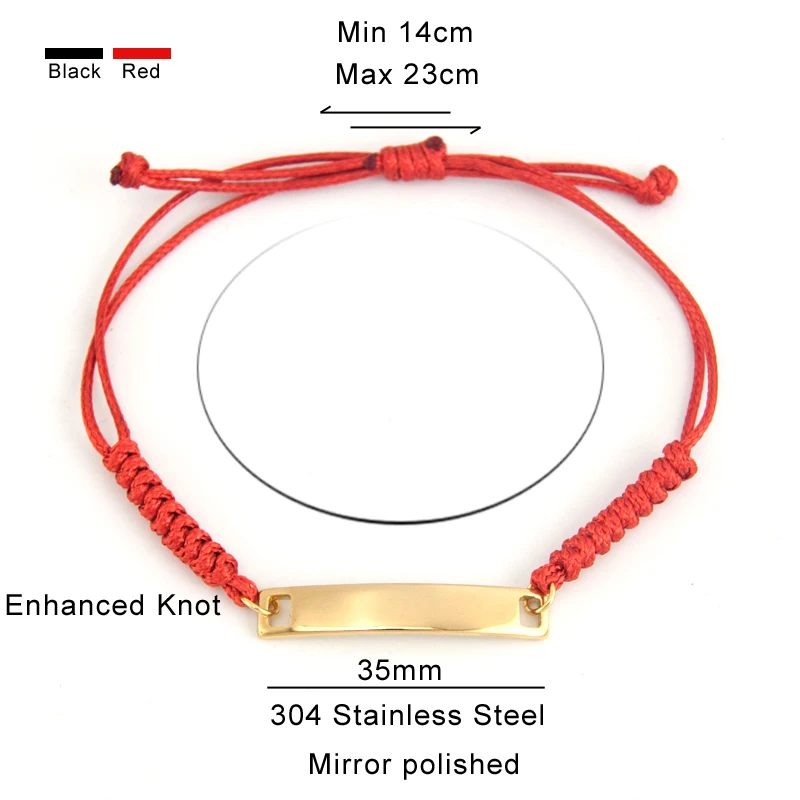 Women Men Knot Cord String Rope Adjustable Black Red Bracelet Stainless steel Bended ID bar for DIY print bracelet