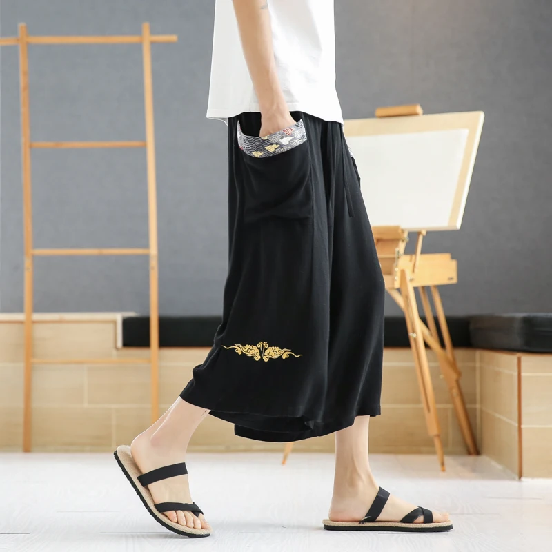 

Embroidery Men Harem Pants Baggy Man Wide Leg Pants 2023 Summer Cotton Linen Streetwear Male Jogger Cross Pants Plus Size 5XL