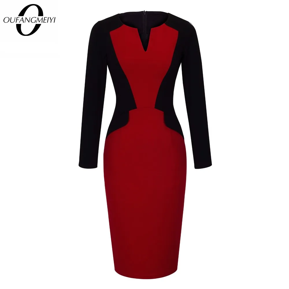 

Autumn Women Fashion Contrast Color Patchwork Elegant Office Slim Bodycon Dress EB342