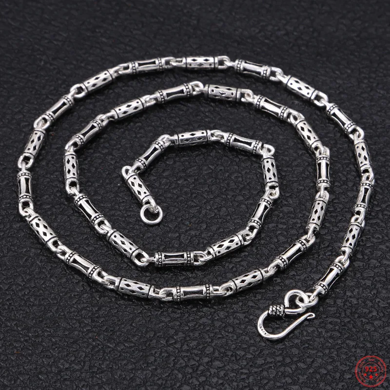 

S925 Sterling Silver Charms Necklace for Men Women Retro Geometric Pattern 4mm Bamboo-chain New Fashion Punk Jewelry Wholesale