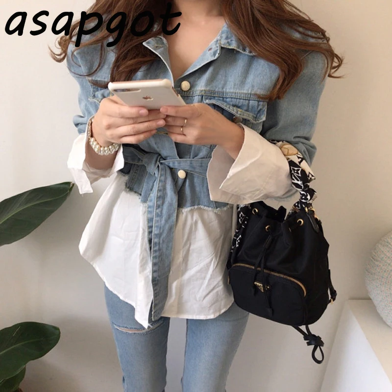 Korean Stitching Fake Two Piece Lapel Long Sleeve Single Breasted Slim Waist Lace Up Vintage Denim Coat Women Jacket Sashes