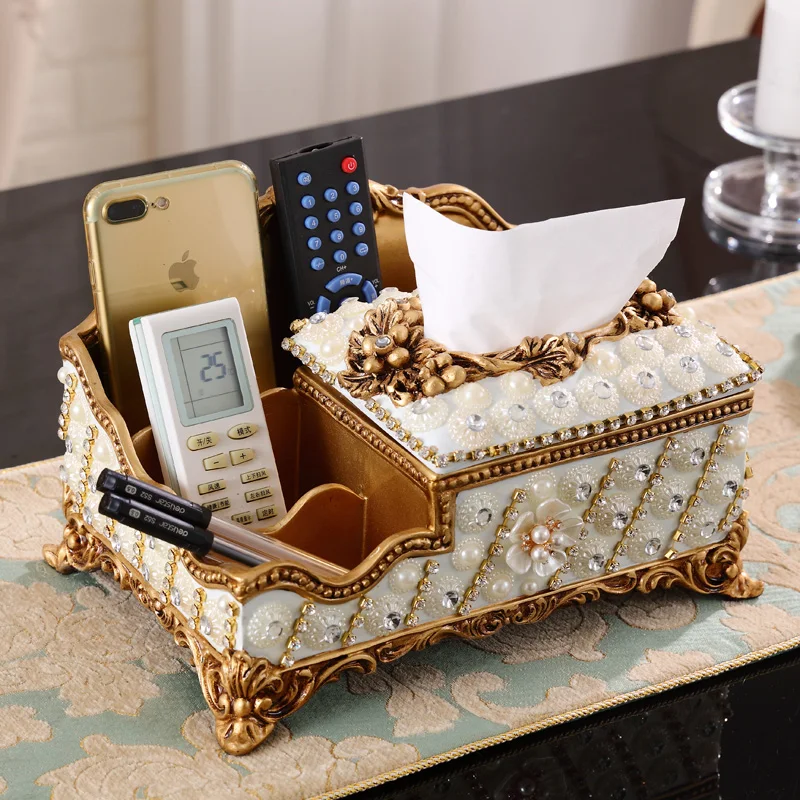 European Resin Diamond Luxury Multifunctional Tissue Box Home Hotel Remote Control Storage Box Restaurant Napkin Box  Ornaments