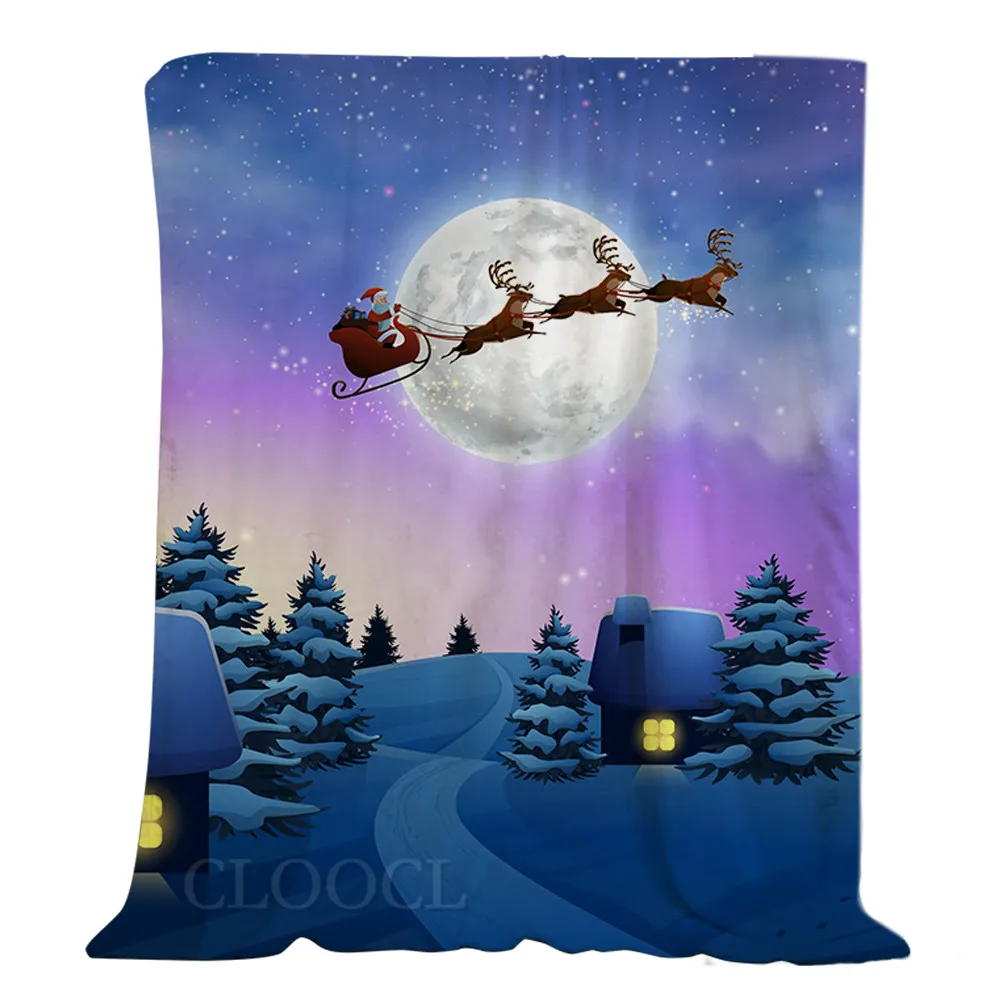 

HX Christmas Flannel Blankets Aurora Moon Night Print Blanket Merry Christmas Funny Keep Warm Plush Quilts