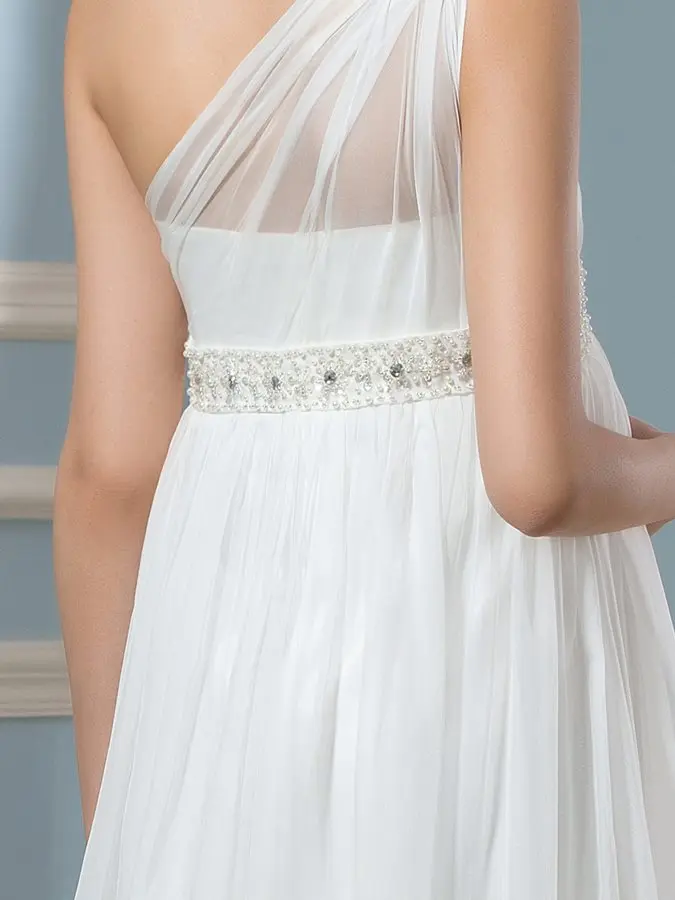 Elegant One Shoulder ชีฟองงานแต่งงานชุดสำหรับตั้งครรภ์ Empire ง่ายลูกปัด Sash Grecian Gowns เจ้าสาว Robe De Mariage