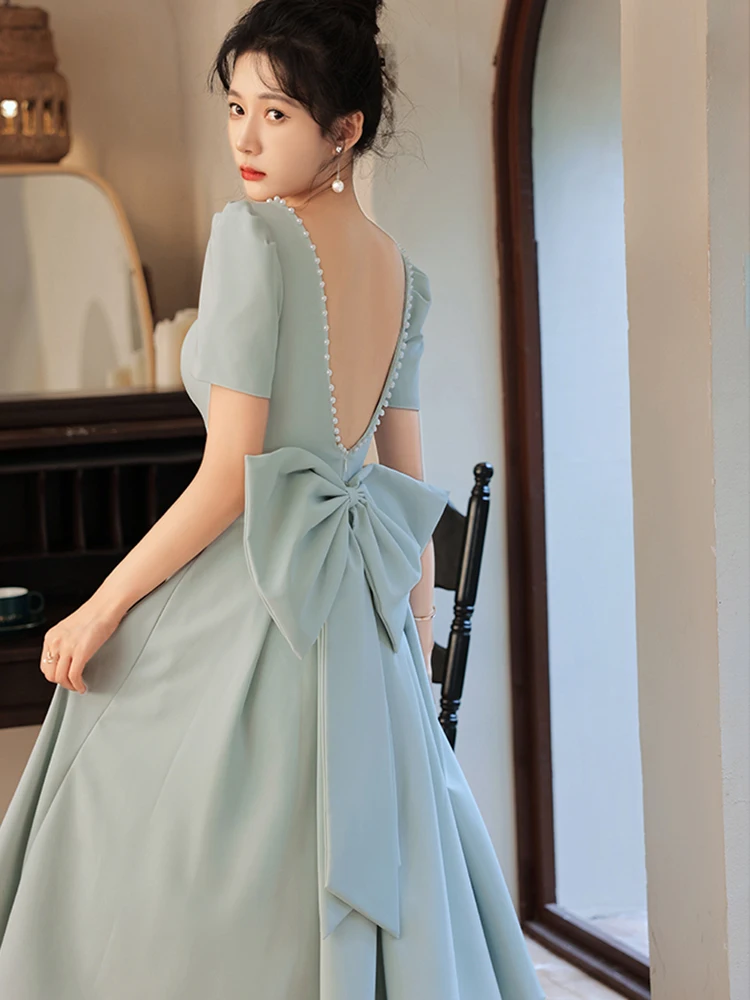 Vintage Square Collar A-Line Prom Dress Sexy Backless Big Bowknot Tea-Length Party Gown Women Summer Homecoming Dress