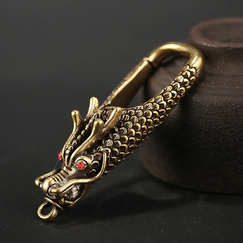 Vintage Brass Red Eyes Dragon Head Keychains Trinkets Gold Color Copper Dragon Keyrings Metal Men Car Key Holders Jewelry Gifts