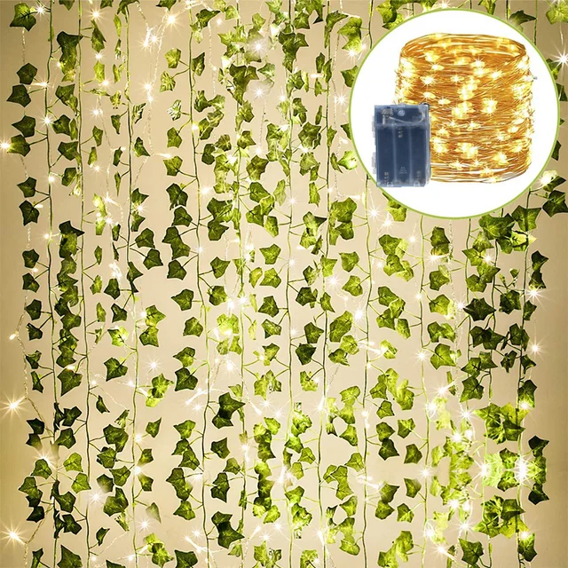 12 sztuk 2-metrowych sztucznych girland z bluszczu Sztuczne rośliny Wisząca girlanda z winorośli z 10-metrowym oświetleniem 100LED do dekoracji domu, weselnego ogrodu