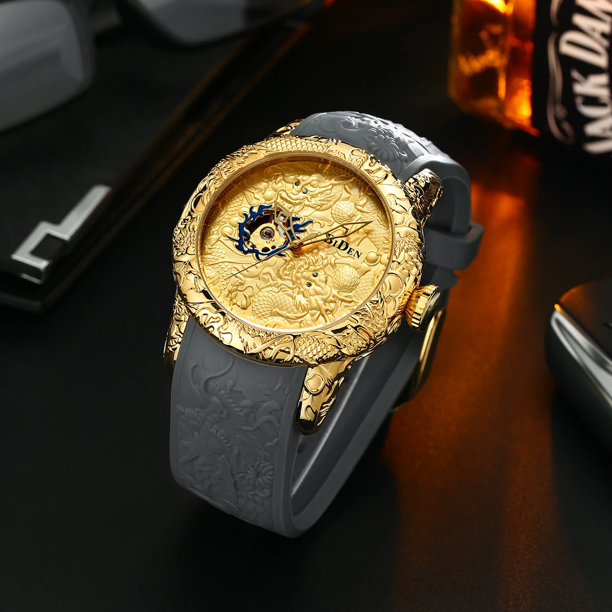 BIDEN Special Design Gold Dragon Sculpture Automatic Mechanical Men Watch Fashion Luxury Waterproof Wristwatch Relojes Hombre