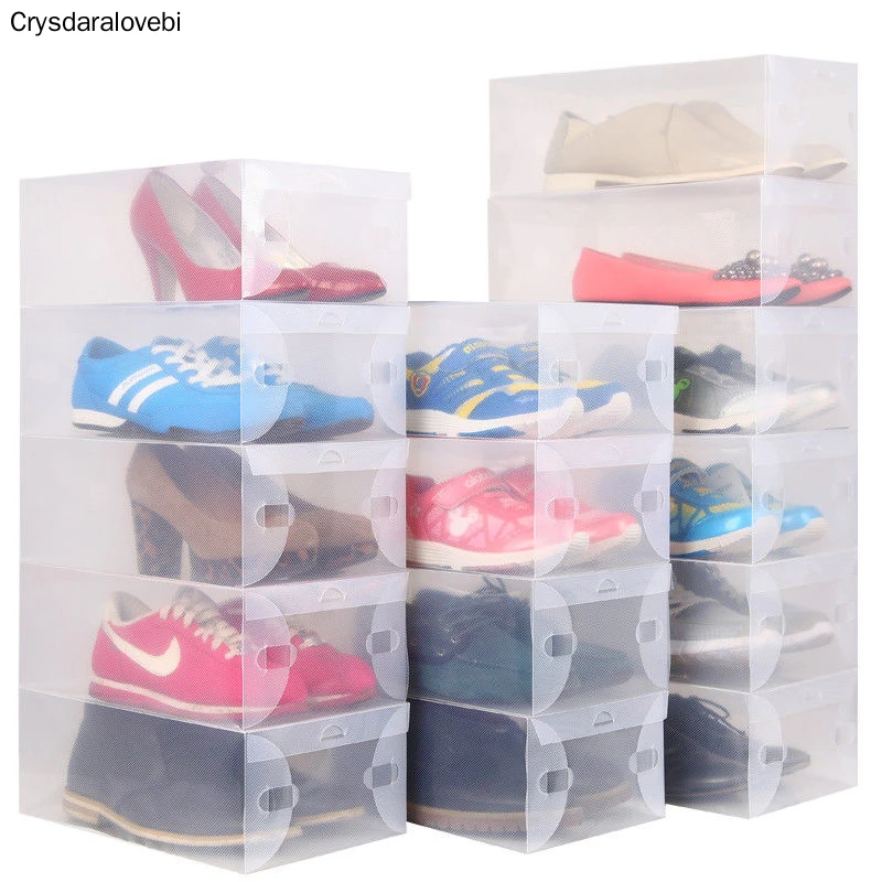 10pcs/lot Clear Plastic Shoes Storage Box Foldable Drawer Type Box For children women men Shoes Organizer