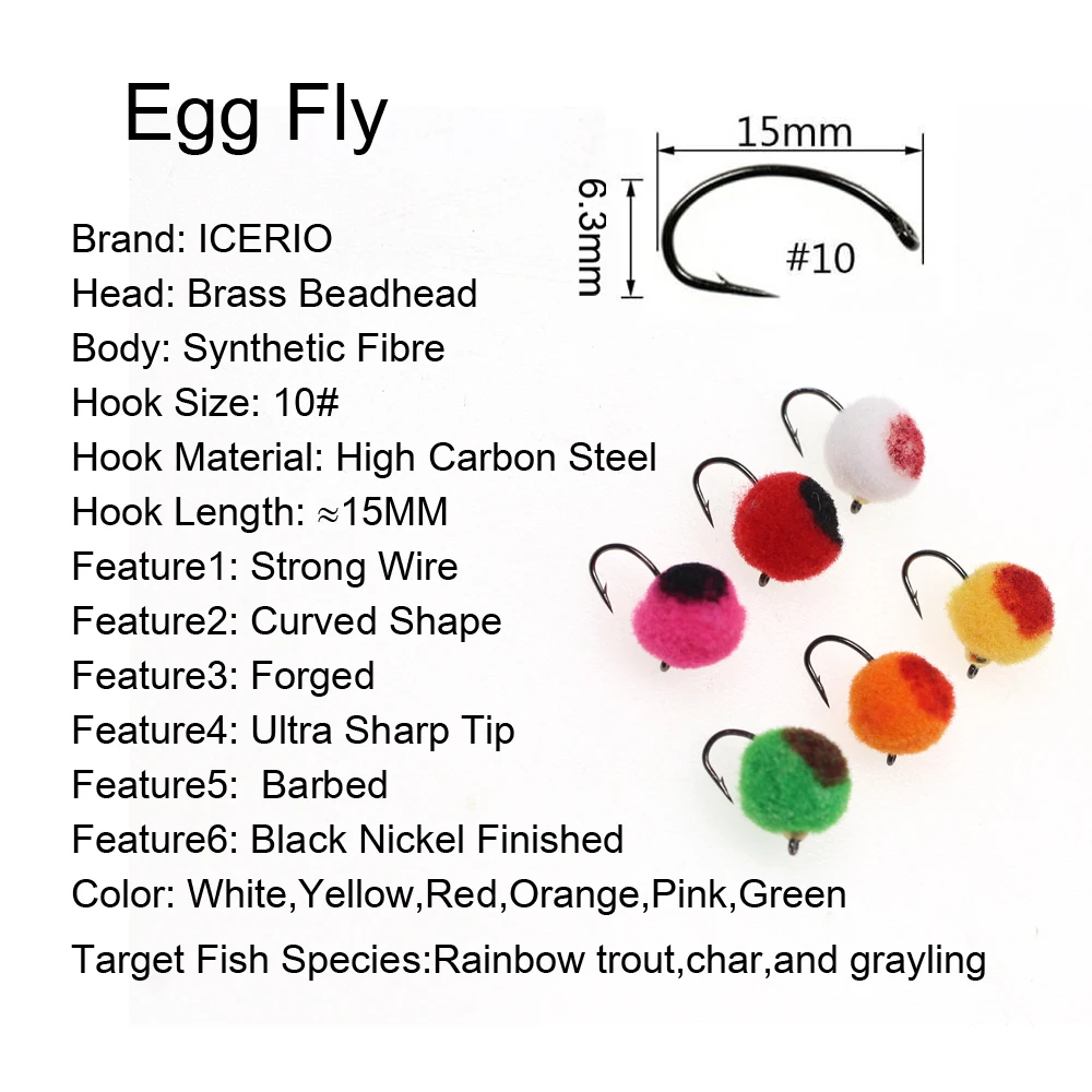 ICERIO 12PCS #10 Micro Egg Fly Nymph Bug Wet Fly Mimic Salmon Roe Glo-bug Shape Fly For Trout Grayling Char Fishing Lures Baits