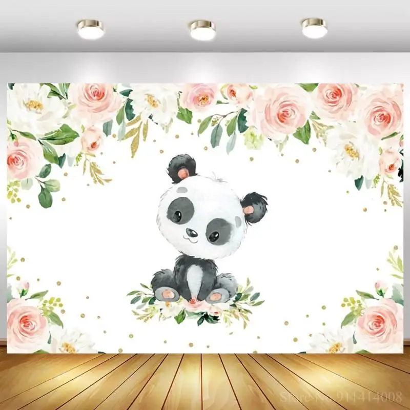 Floral Cartoon Panda Newborn Baby Shower Photography Background White Kid 1st Birthday Girl Photo Backdrops Dinner Table Decor