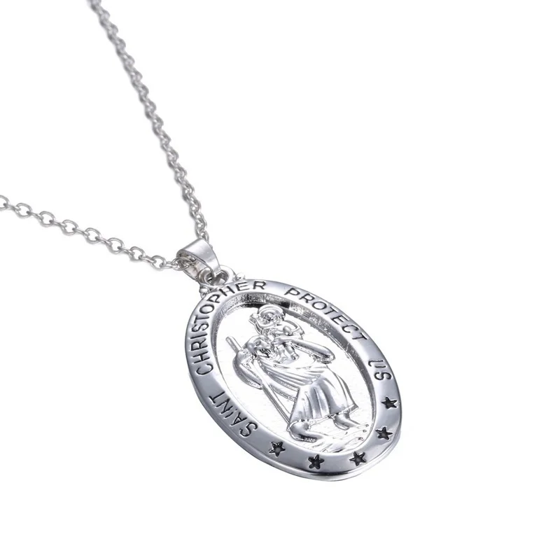 Trendy St. Christopher Pattern Oval Pendant Necklace Women\'s Necklace Fashion Clavicle Chain Pendant Accessories Party Jewelry