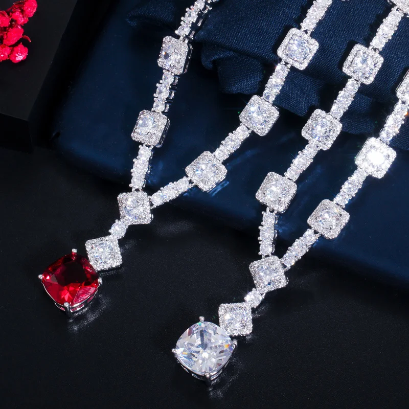 CWWZircons Chic Round and Square Cut Red Cubic Zirconia Women Wedding Party Jewelry Set Elegant Necklace Earring for Brides T454
