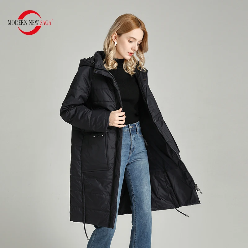 MODERN NEW SAGA Autumn Women Parka Spring Women Coat Cotton Padded Jacket Hooded Long Coat Windproof Zipper Plus Size Outerwear