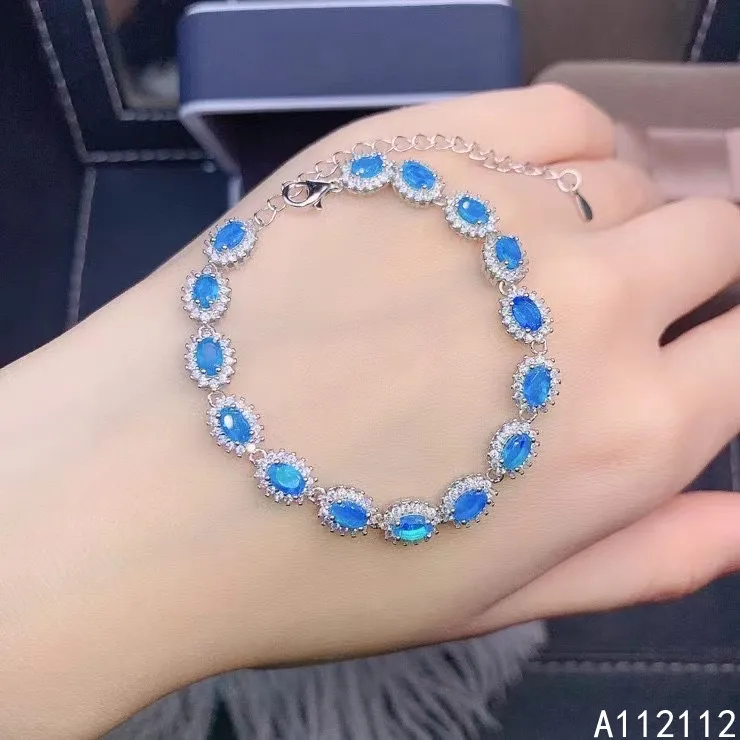 

Fine Jewelry 925 Sterling Silver Inset With Natural Gemstones Women's Luxury Elegant Flower Blue Opal Hand Bracelet Support Dete