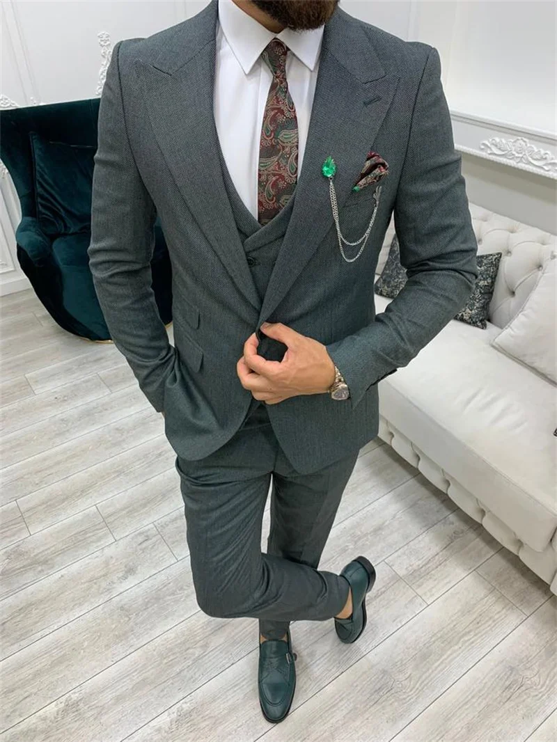 (Jacket+Pants+Vest) Classic Grey Men Suit 3 Piece Groom Tuexdos For Wedding Formal Prom Suit Party Evening Blazer Custom Made