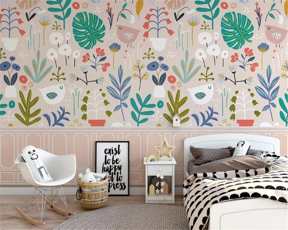 Custom wallpaper pink cartoon tree cute small fresh leaves children room background wall mural home decoration 3d wallpaper