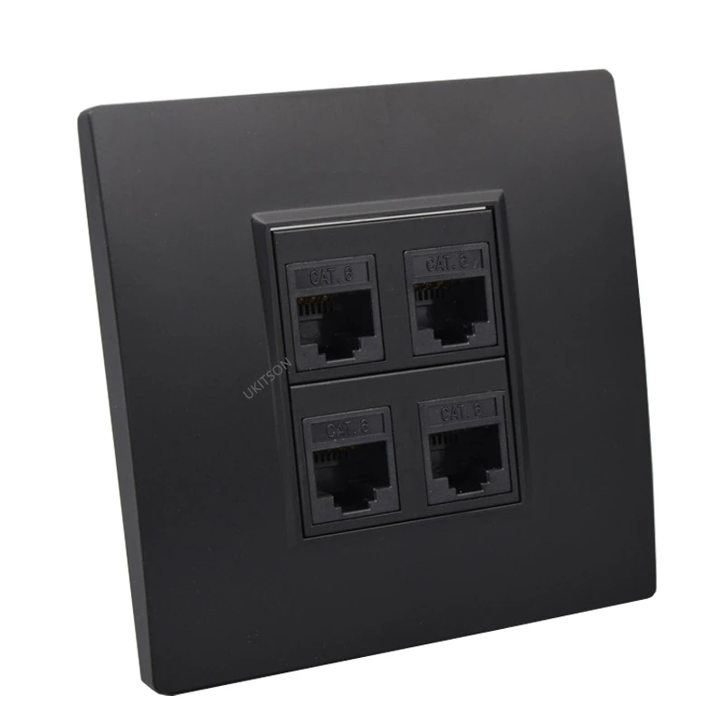 Black Color 4 Ports Female CAT6 RJ45 86x86mm For LAN Internet Straight Plug Extension Socket Faceplate