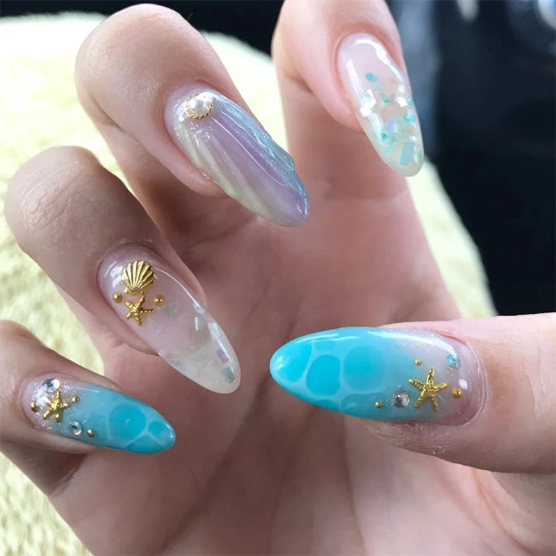 Puntas de uñas postizas para práctica de uñas, diseño de rayas de conchas marinas, estilo sirena, Gel UV para salón de manicura, 240 unidades