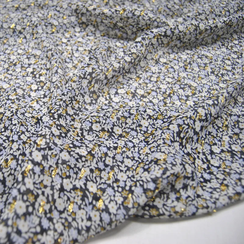 Soft Shiny Small Flower Black Elegant Good Quality Silk Chiffon Metallic Fabric for Summer Shirt Wedding Dress